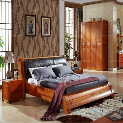 中式风格	 1.8米白杨木双人床 真皮靠背床